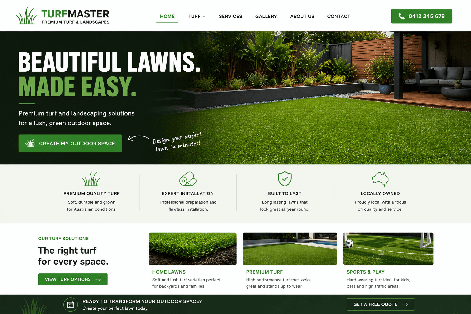 Example integration of QuickScape AI Planner on TurfMaster Landscapes desktop website