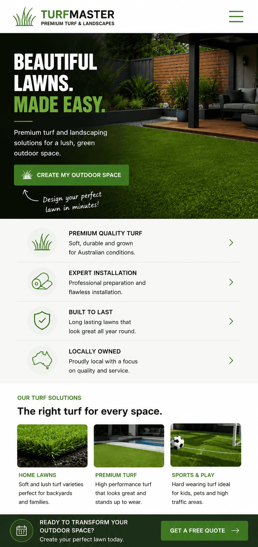Mobile responsive integration example of QuickScape AI Planner on TurfMaster Landscapes mobile website